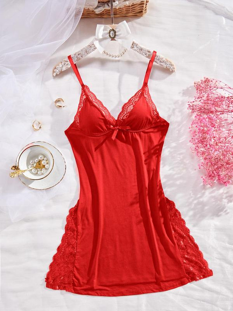 Valentine's Day Elegant Soft Sleep Dress, Bow Detail Spaghetti Straps Sleeveless Nightgown, Gift for Her, Women's Nightwear, Fashion Ladies' Sleep Dress for Daily Wear Homecoming Dresses