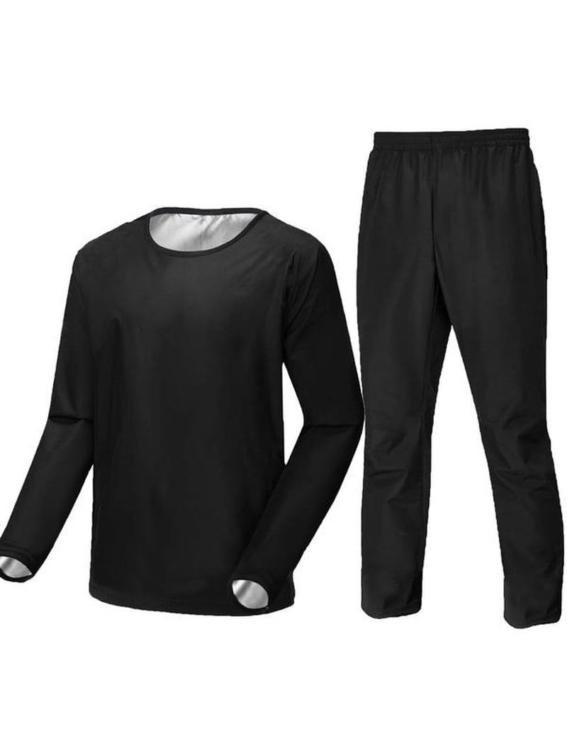 Men's Solid Long Sleeve Tee & Elastic Waist Pants Sauna Set for Gym Workout Running, Men's Jogger Sets, Gym Clothes