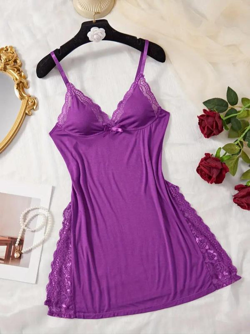 Valentine's Day Elegant Soft Sleep Dress, Bow Detail Spaghetti Straps Sleeveless Nightgown, Gift for Her, Women's Nightwear, Fashion Ladies' Sleep Dress for Daily Wear Homecoming Dresses