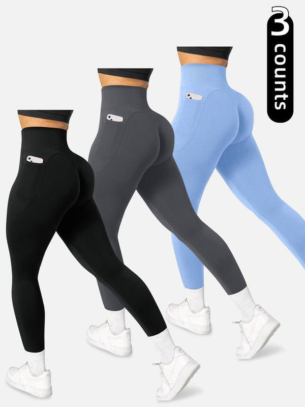 Women's Solid High Waist Pocket Sports Leggings, Sporty Comfy Breathable Skinny Ladies Sportswear Yoga Legging