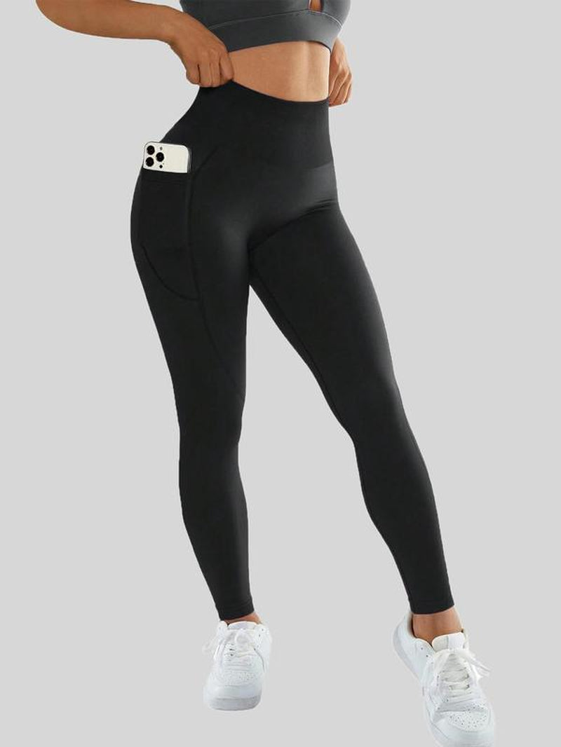 Women's Solid High Waist Pocket Sports Leggings, Sporty Comfy Breathable Skinny Ladies Sportswear Yoga Legging