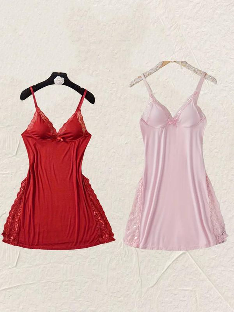 Valentine's Day Elegant Soft Sleep Dress, Bow Detail Spaghetti Straps Sleeveless Nightgown, Gift for Her, Women's Nightwear, Fashion Ladies' Sleep Dress for Daily Wear Homecoming Dresses