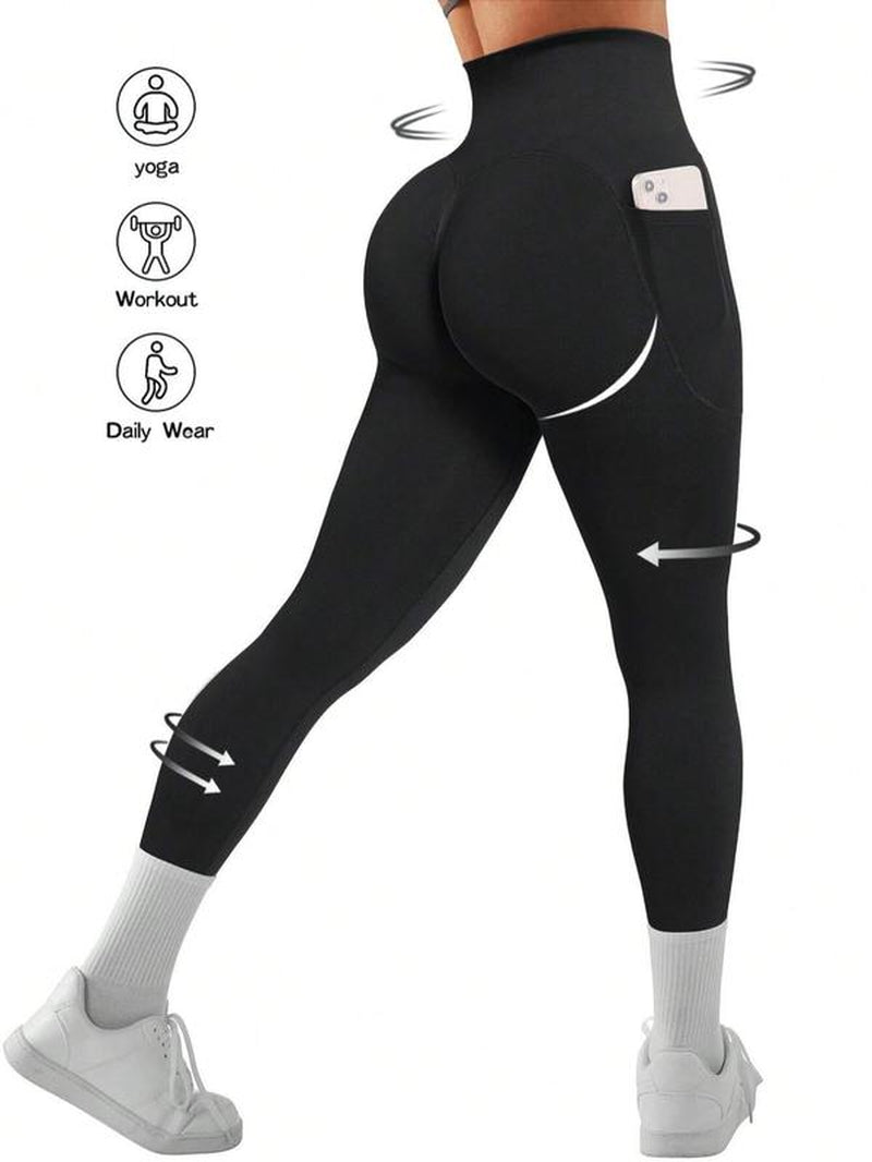 Women's Solid High Waist Pocket Sports Leggings, Sporty Comfy Breathable Skinny Ladies Sportswear Yoga Legging