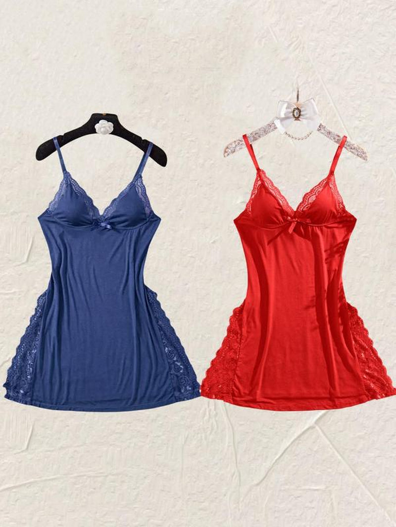 Valentine's Day Elegant Soft Sleep Dress, Bow Detail Spaghetti Straps Sleeveless Nightgown, Gift for Her, Women's Nightwear, Fashion Ladies' Sleep Dress for Daily Wear Homecoming Dresses