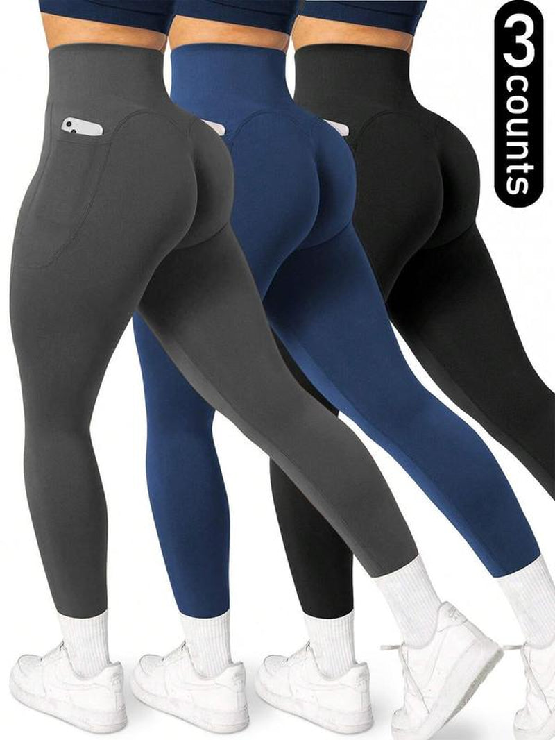 Women's Solid High Waist Pocket Sports Leggings, Sporty Comfy Breathable Skinny Ladies Sportswear Yoga Legging