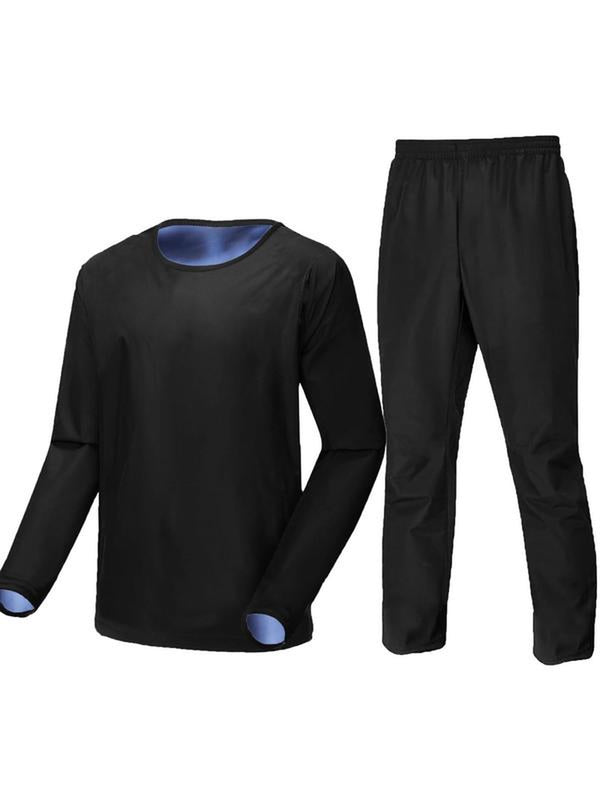 Men's Solid Long Sleeve Tee & Elastic Waist Pants Sauna Set for Gym Workout Running, Men's Jogger Sets, Gym Clothes